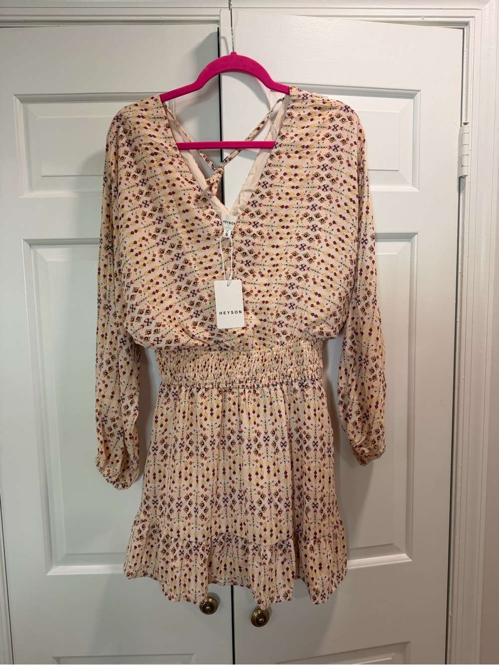 Heyson Cream Long-Sleeve Smocked-Waist Mini Dress